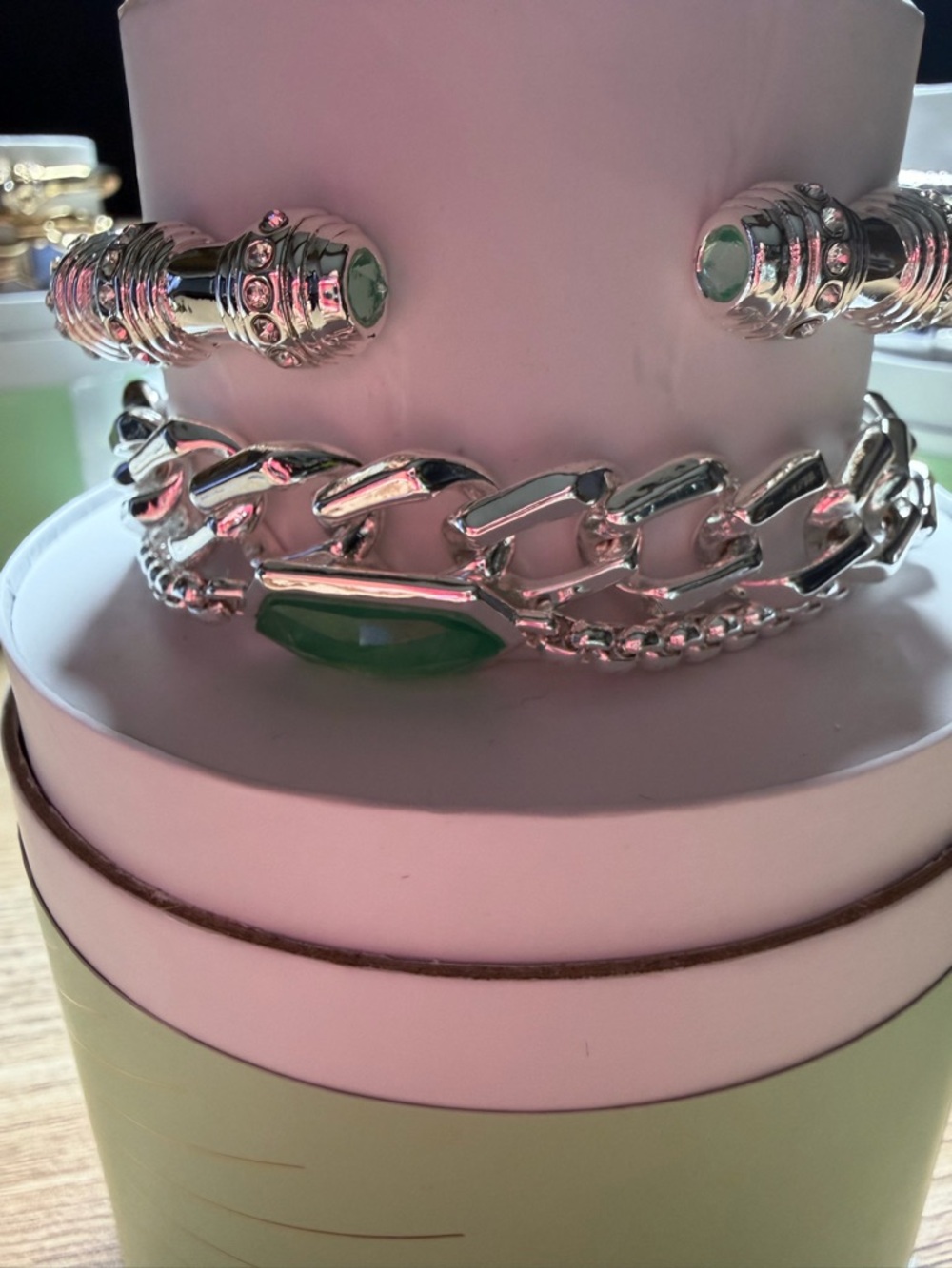 Silver-Tone Chain Bracelet with Green Gem Accent - Women Jewelry